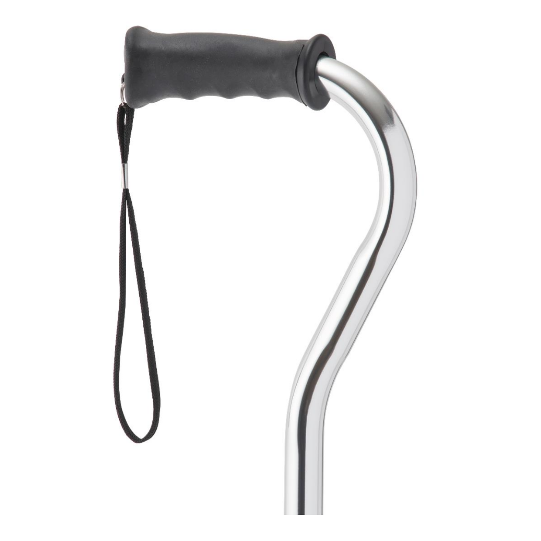 Close-up of a Medline Aluminum Offset Cane with a gel grip ergonomic handle, black rubber tip, and wrist strap, shown against a plain white background.
